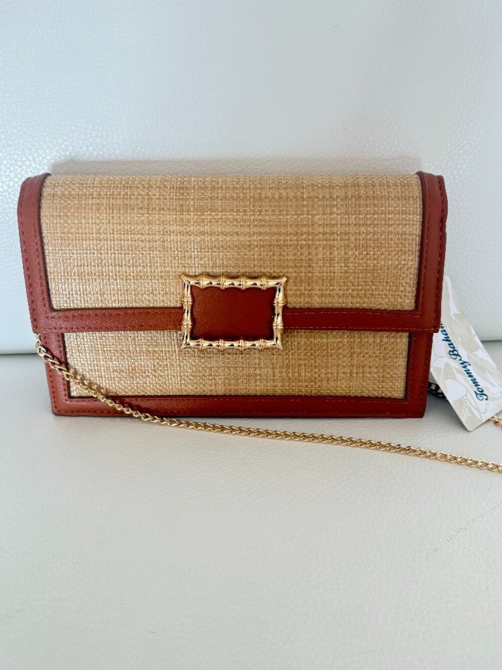 NWT TOMMY BAHAMA WOVEN STRAW CROSSBODY BAG BAMBOO GOLD BUCKLE TAN BROWN